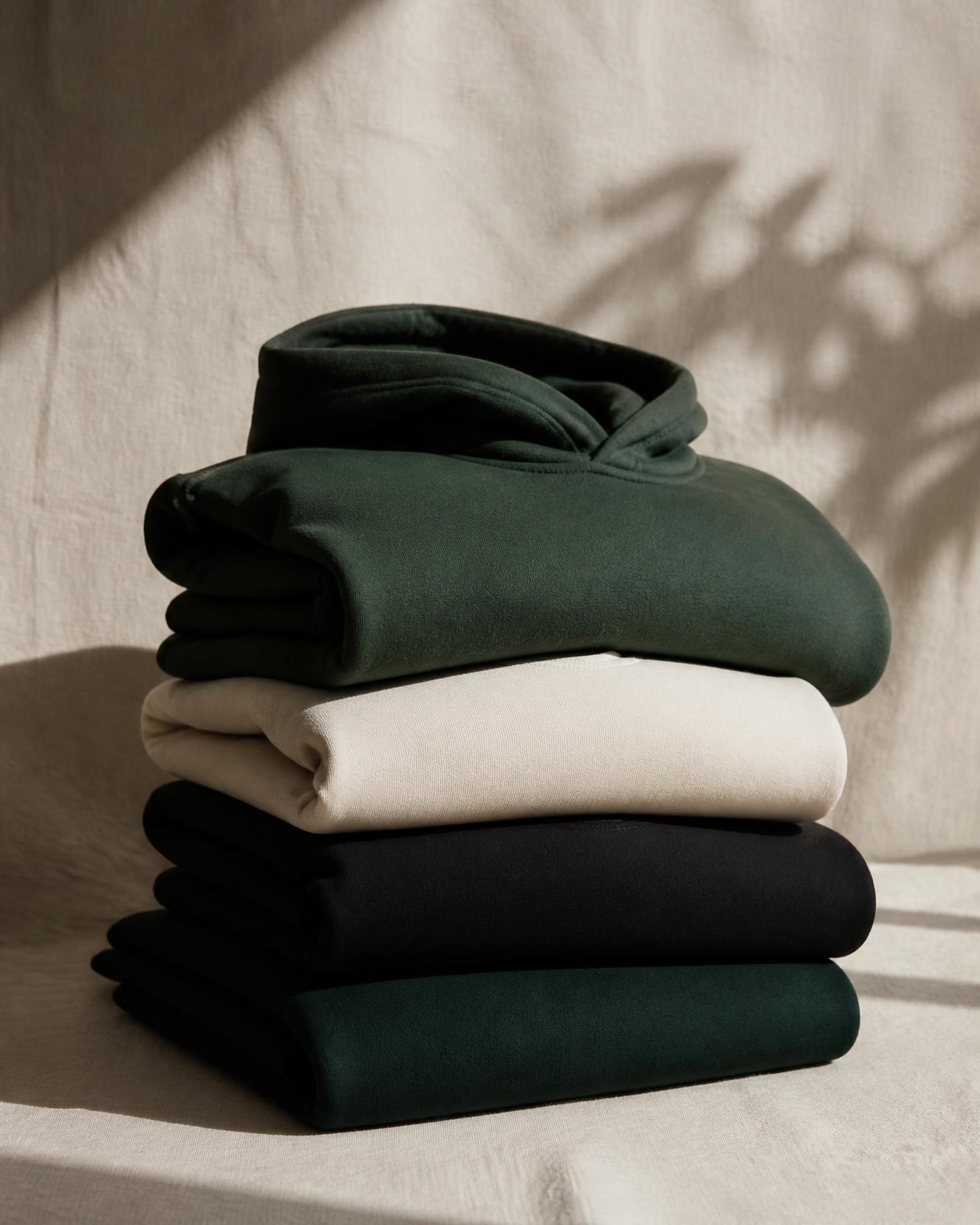 Forest green, cream and black hoodies stacked in warm natural light
